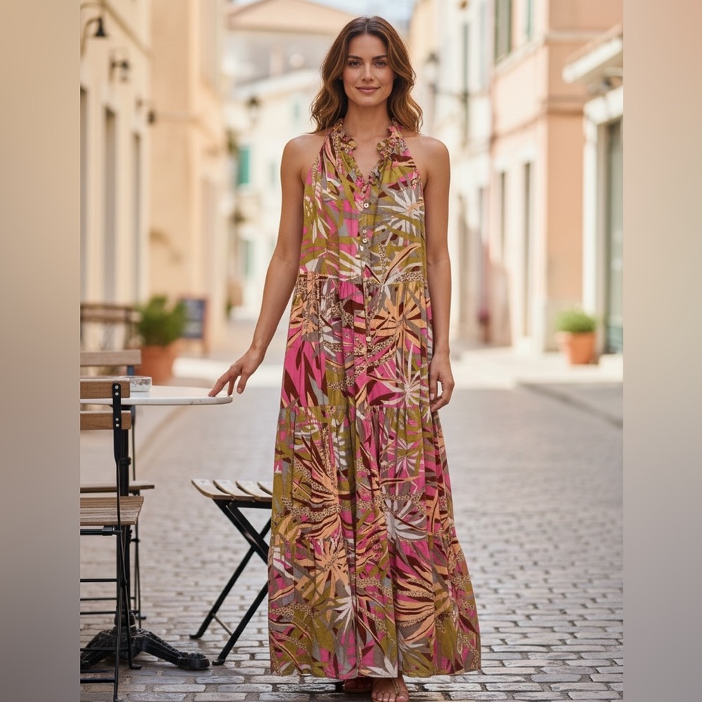 True Destinations Pink‎ Tropical Palm Print Tiered Maxi Dress Small Boho Ruffle